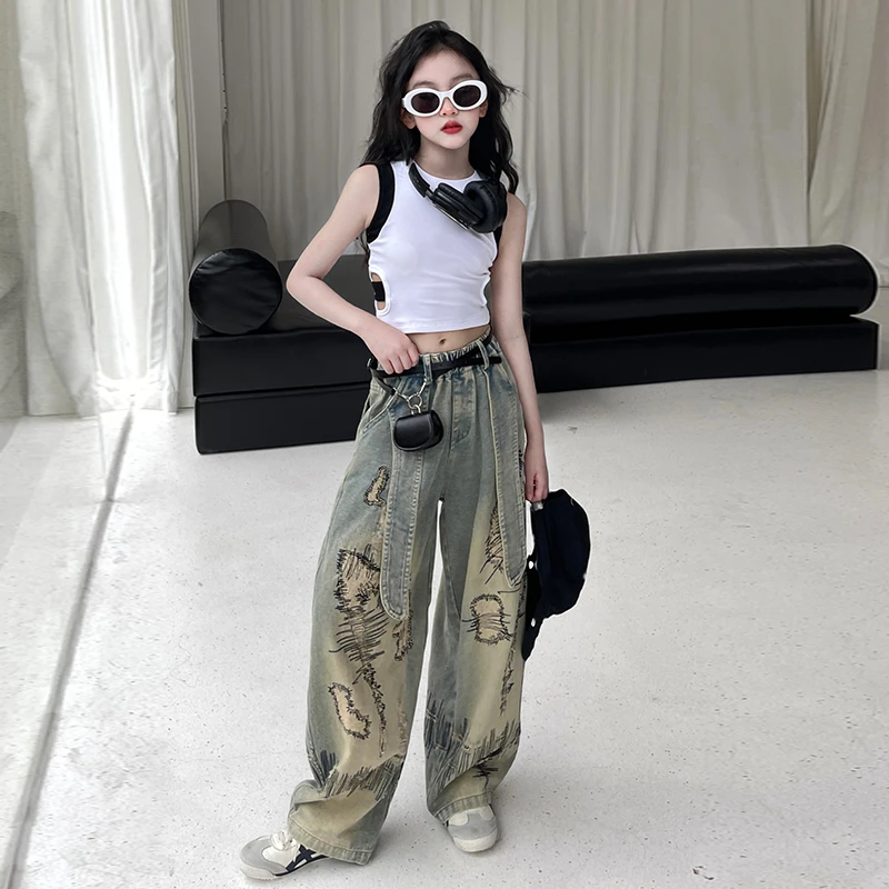 女童牛仔裤夏季薄款2025新款儿童洋气时髦阔腿裤直筒时髦炸街裤子
