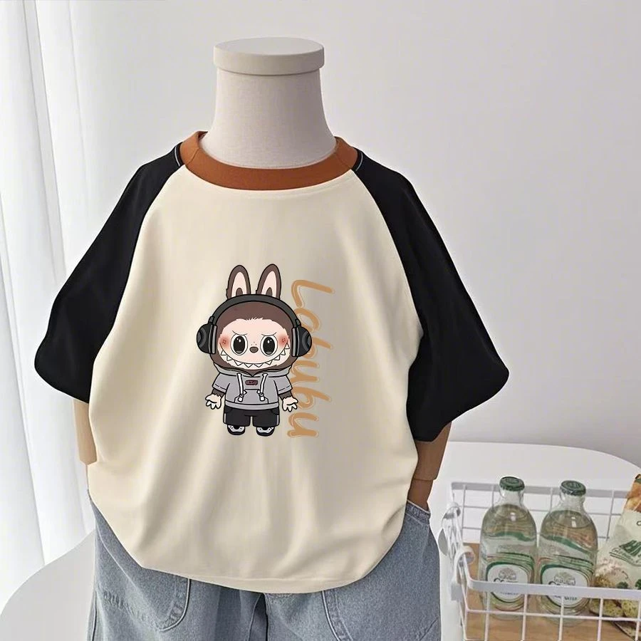 夏装拉布布纯棉短袖T恤男童女宝宝潮流时尚上衣labubu印花中小童