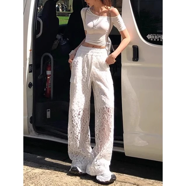 白色休闲裤女夏百搭设计感拼接镂空蕾丝刺绣直筒阔腿长裤
