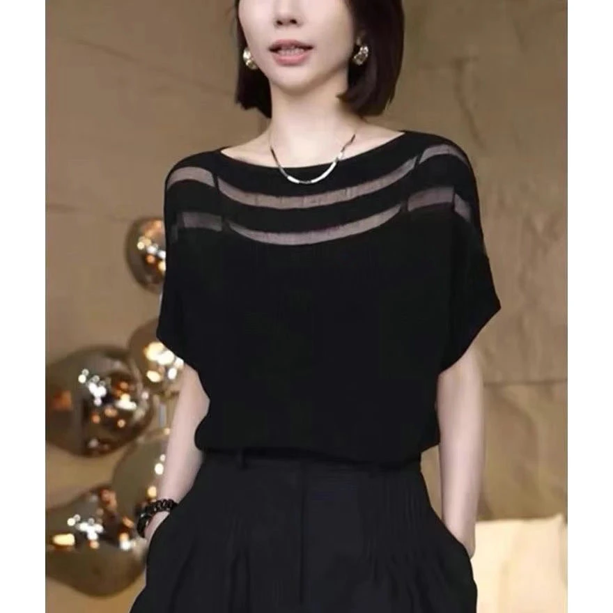 欧货一字领蝙蝠袖冰丝针织衫女夏气质宽松洋气百搭遮肚子上衣