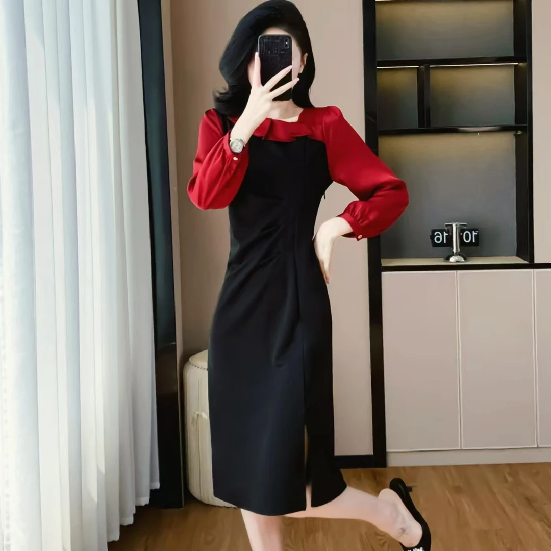 时尚洋气设计感拼接中长款连衣裙2025春季修身显瘦减龄百搭裙子女