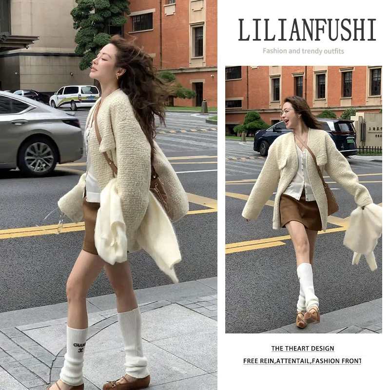 秋季穿搭2025新款宽松小香风外套修身长袖打底衫显瘦短裙三件套女