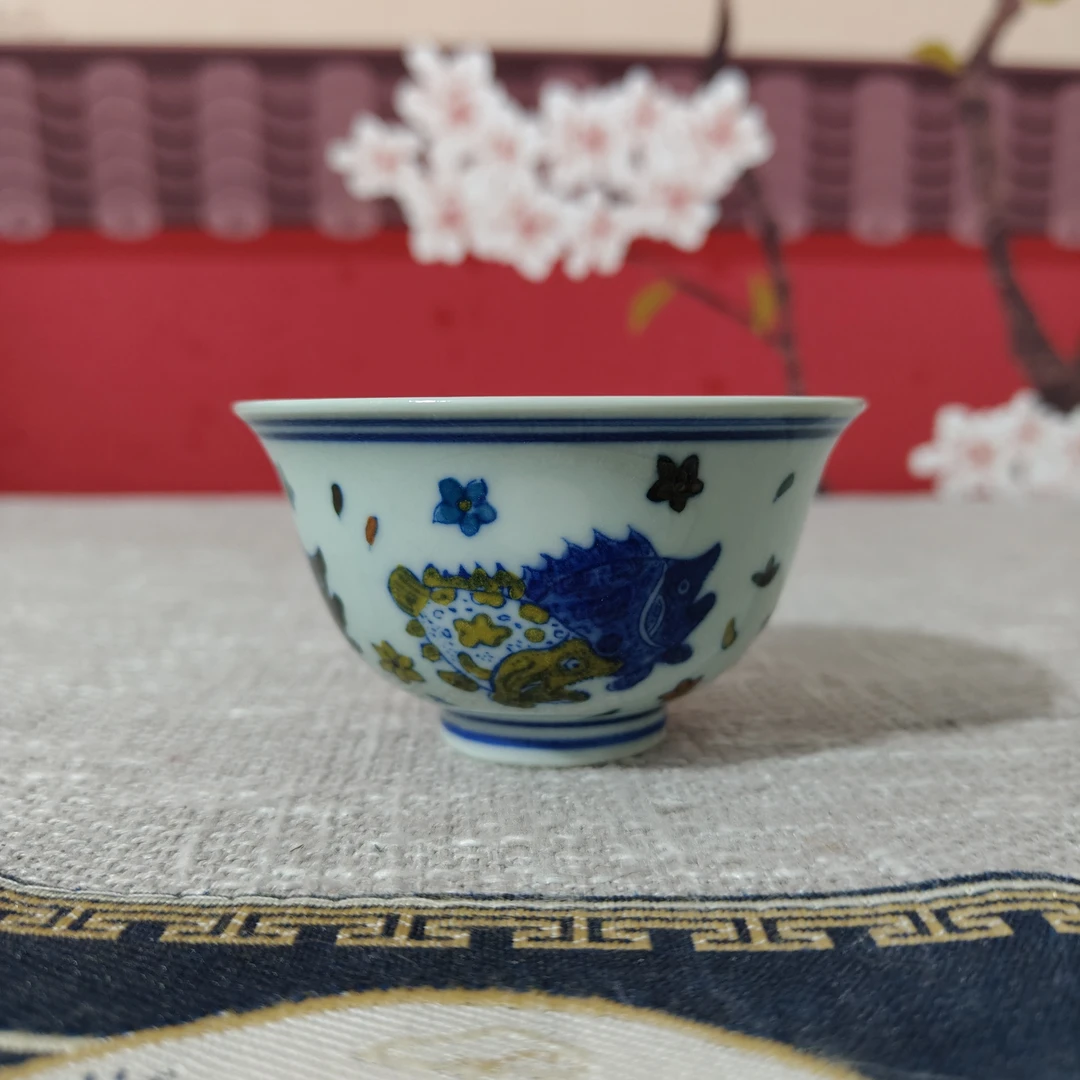 景德镇陶瓷绿稀土青花斗彩手绘鱼藻纹茶杯主人杯品茗杯单杯