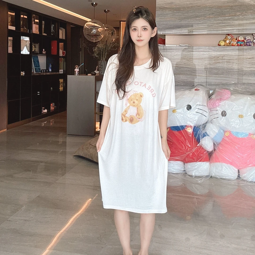 晚安小熊带胸垫睡裙夏季秋季新款莫代尔家居服卡通小熊冰淇淋棉