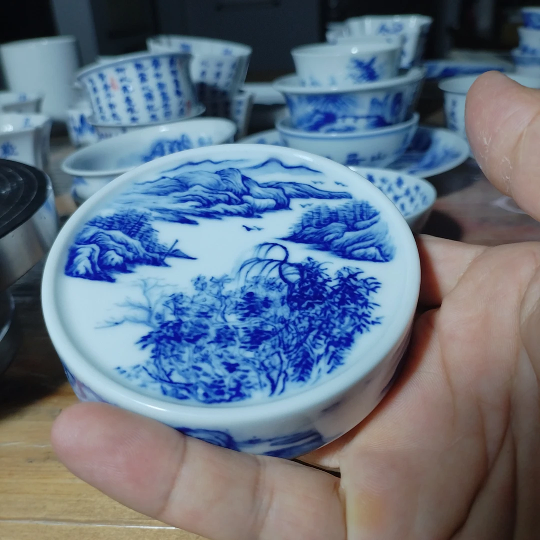 景德镇青花春山图盖置 复古釉下彩 轻奢高端中国风茶具配件