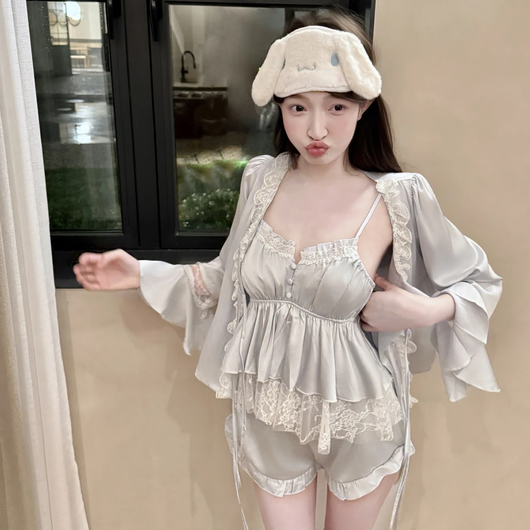 「软缎甜睡服」吊带短裤带胸垫可拆卸蕾丝性感冰丝睡衣四件套