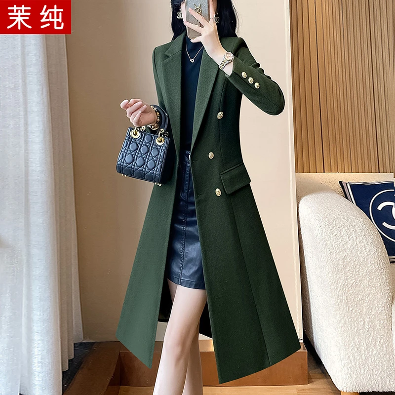西装外套女新款墨绿色长款西服秋冬风衣高端气质工作服毛呢大衣