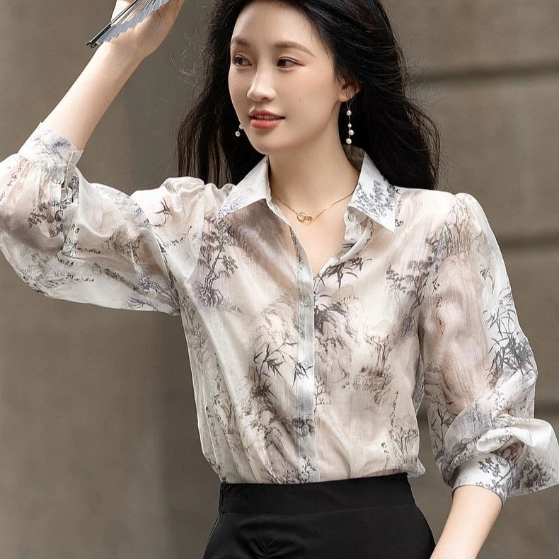 SS887新中式水墨印花国风上衣春款素雅宽松微透长袖衬衫
