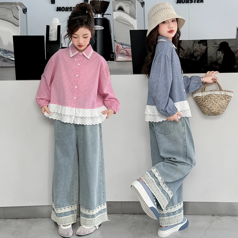 女童秋季时尚洋气套装中大童春秋新款蕾丝花边衬衫牛仔裤两件套