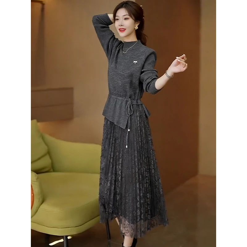 9920#假两件拼接针织连衣裙女秋冬显瘦宽松中长款过膝毛衣打底裙