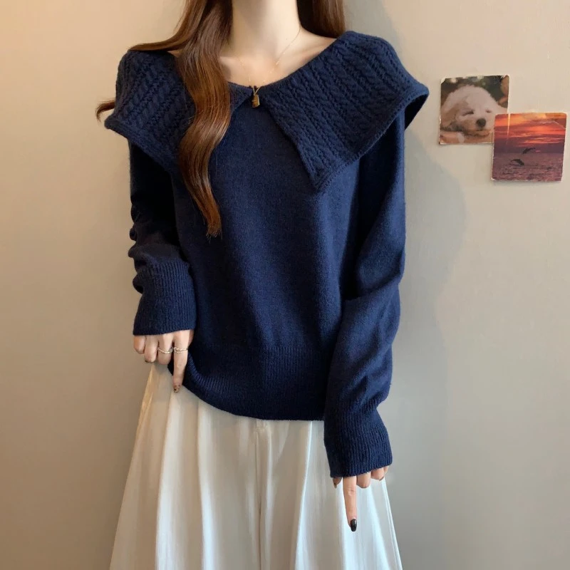 大码女装遮肚子法式娃娃大翻领正肩针织衫秋冬胖妹妹显瘦百搭毛衣