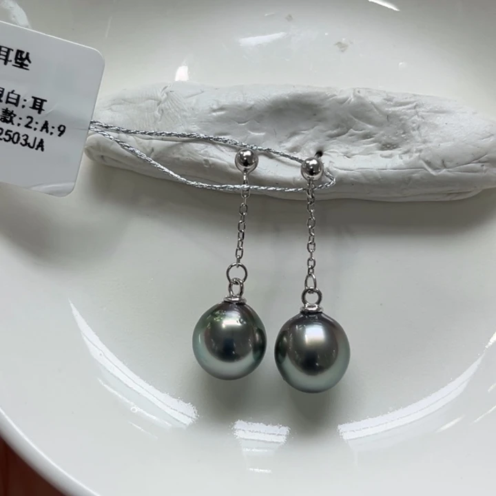 银S925镶嵌耳饰海水珍珠大溪地9-10m 62号
