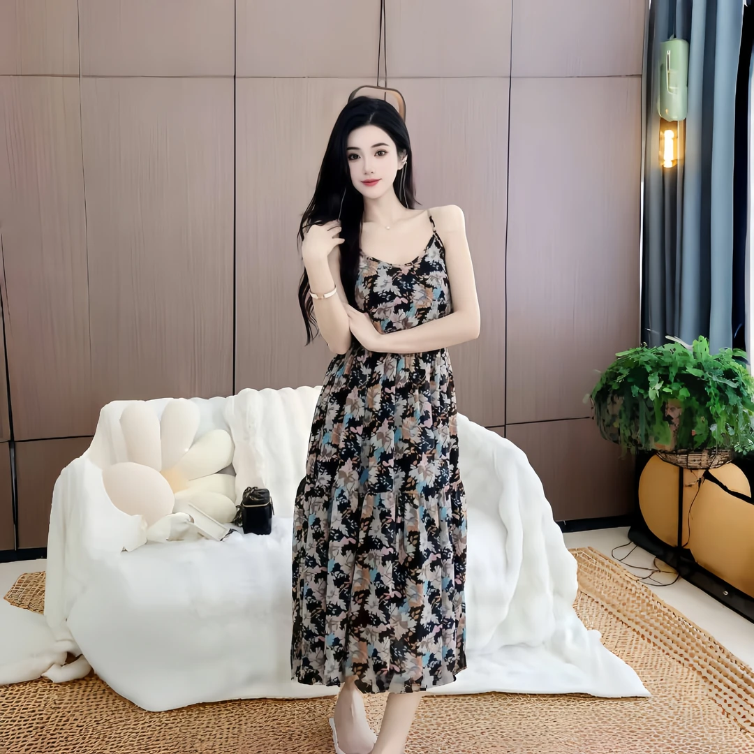 碎花雪纺连衣裙女2025通勤夏修身显瘦多巴胺海边渡假气质吊带裙