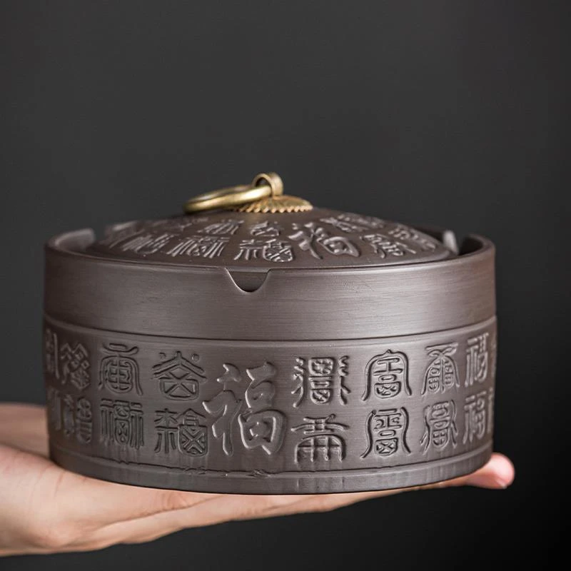 紫砂烟灰缸高档大号烟缸烟盅烟灰盒中式家用办公带盖子防飞灰