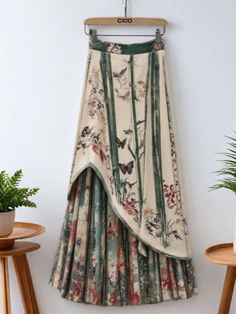 复古洋气竹叶印花半身裙女装2025夏季新款不规则拼接高腰减龄裙子
