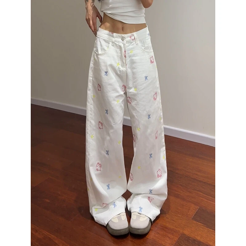 大码美式复古设计感休闲裤女春季高腰显瘦HelloKitty刺绣牛仔裤子