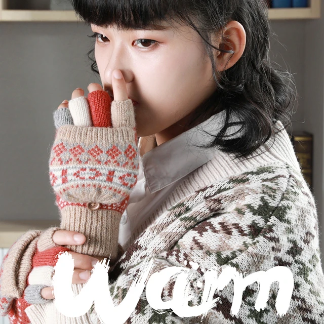 半指手套女冬季露指翻盖半截加绒加厚保暖骑行漏指羊毛女士棉手套