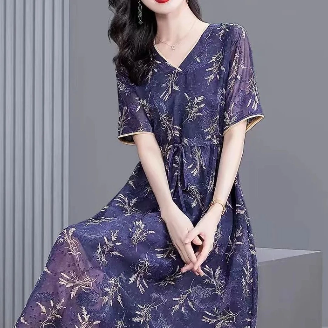 夏季印花洋气显瘦中长款时尚收腰连衣裙