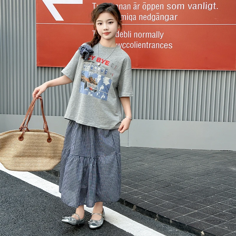 女童夏季韩系时髦套装裙子女大童洋气格子半身裙儿童夏装连衣裙潮