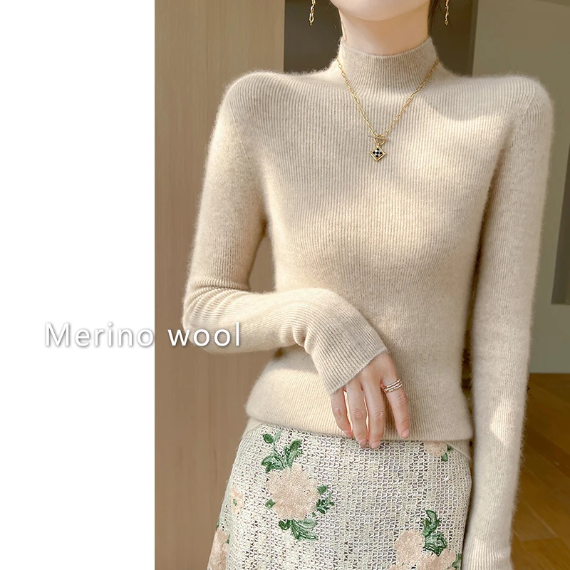 一线成衣~100%美丽诺纯羊毛衫女半高领气质百搭修身显瘦针织打底1