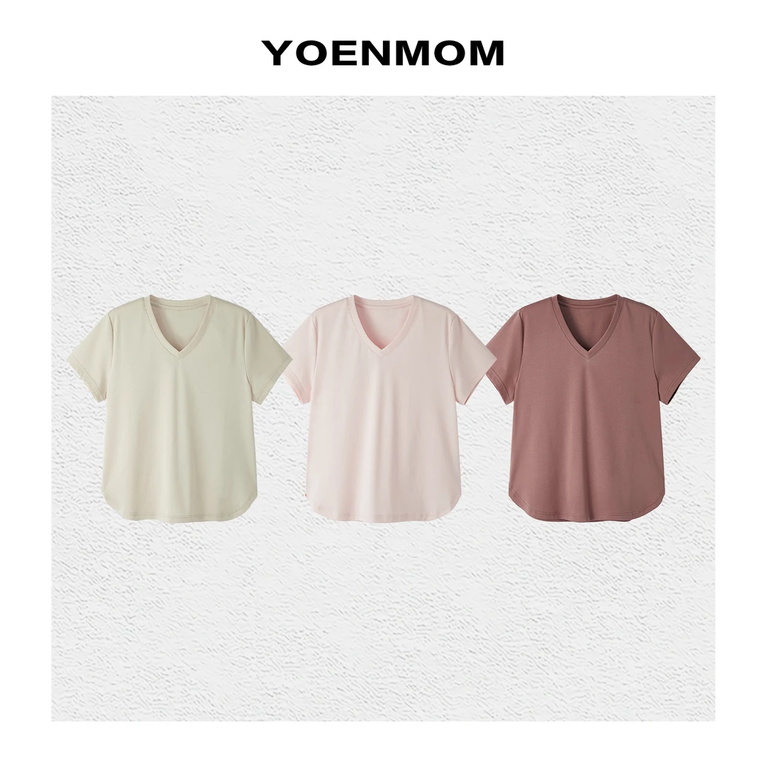 YOENMOM·素语·夏季新品 柔光棉质简约纯色柔软亲肤百搭V领短袖T