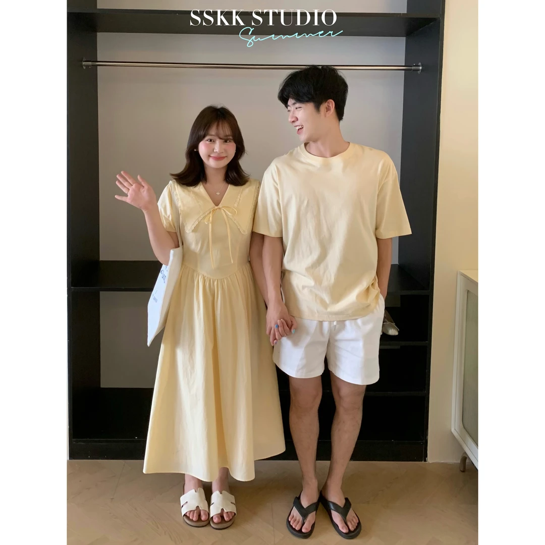 KMZY/KMZY山_山【奶油慕斯】微胖韩系减龄奶油黄海军领收腰连衣裙女