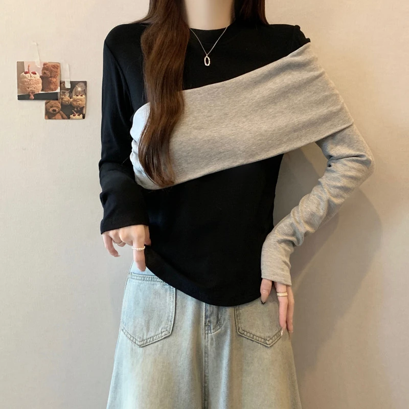 大码时尚洋气撞色拼接长袖T桖女秋冬新款胖MM不规则内搭打底上衣