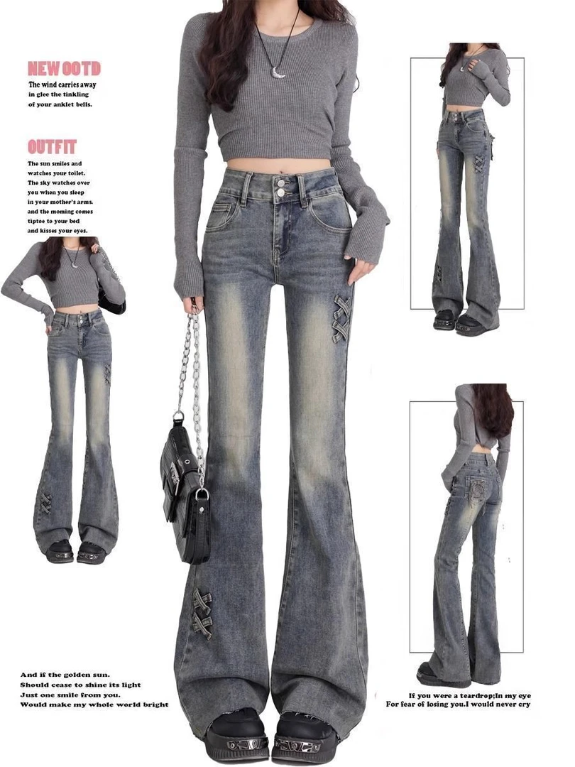 韩版复古牛仔裤早秋季2025新款百搭辣妹修身蝴蝶结显瘦设计喇叭裤