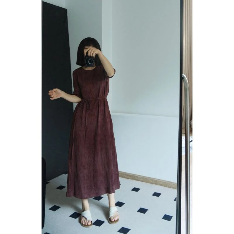 022-麻料裙春款/黑色安格拉红