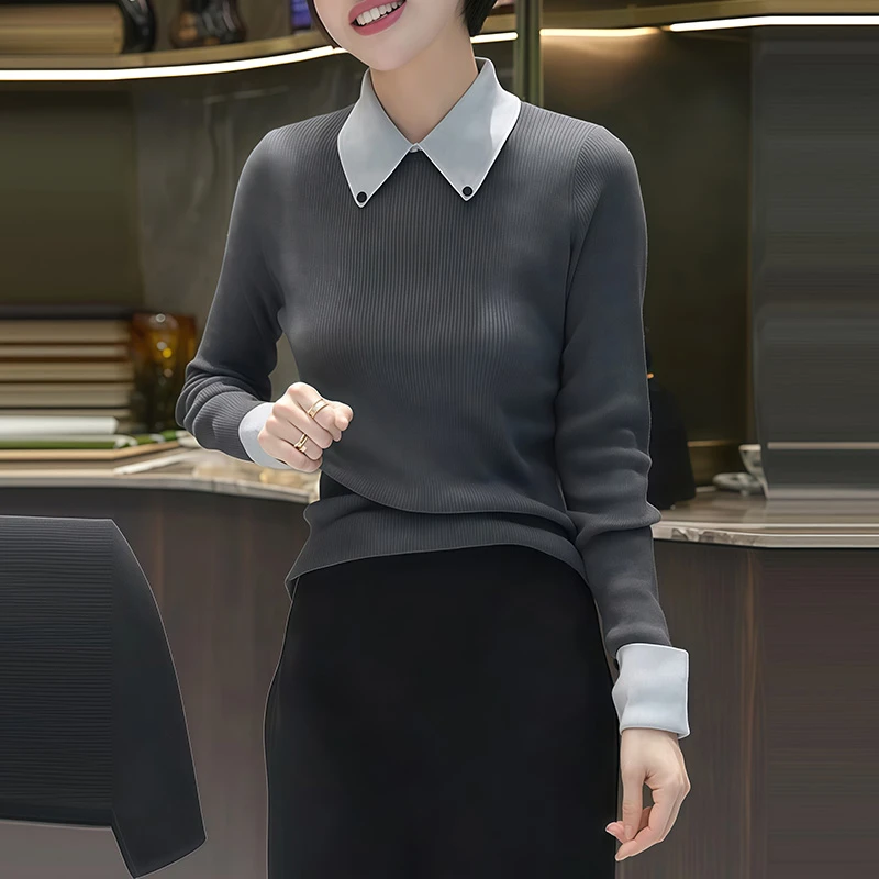 韩系小众撞色翻领长袖针织衫女装秋冬新款气质打底衫修身显瘦上衣