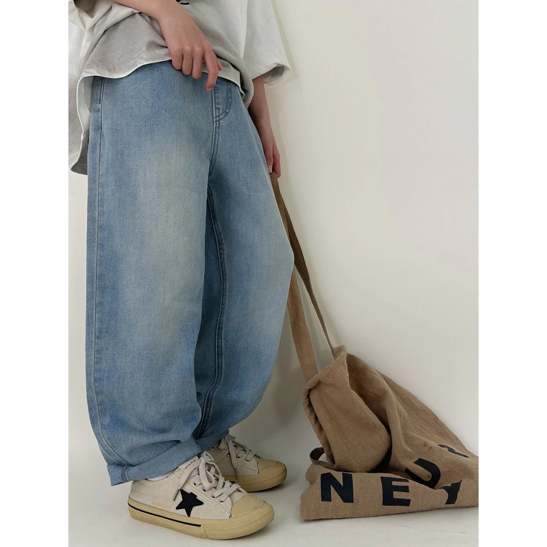 男童春季休闲阔腿裤儿童笑脸口袋百搭牛仔裤中大童洋气裤子C-1185