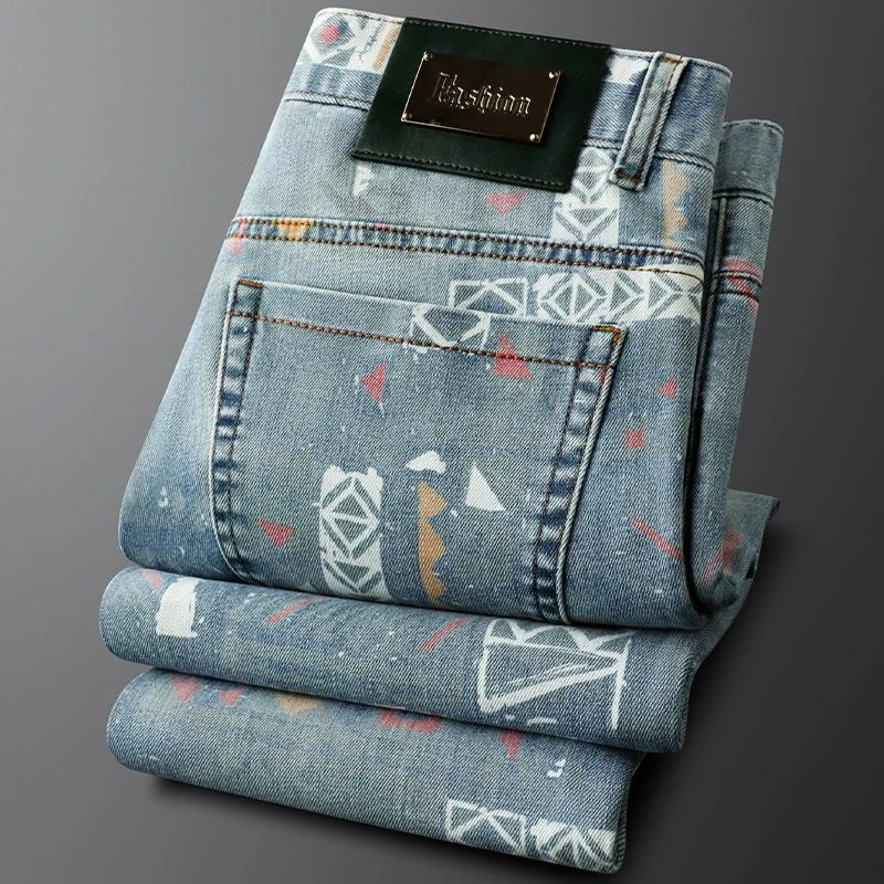 2025新款夏季印花牛仔裤男时尚民族风修身小脚裤男装个性痞帅长裤