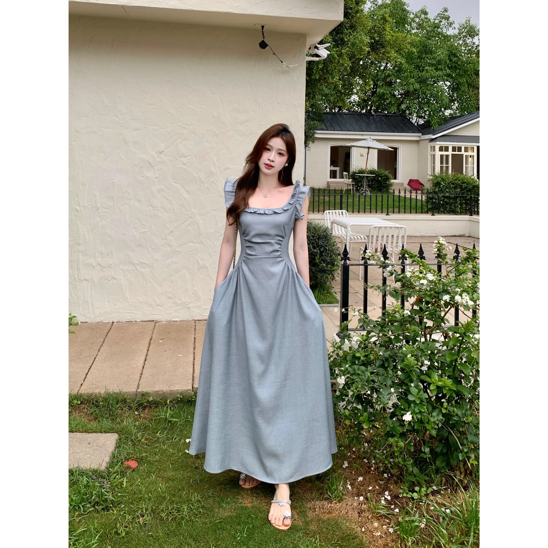 2025大码法式浪漫气质大方领木耳边收腰连衣裙