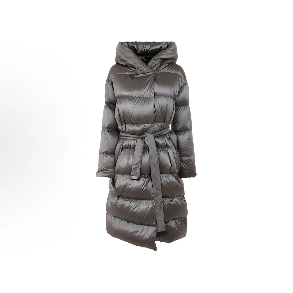 99新 MaxMara 纯色绗缝中长款连帽羽绒服 灰色/38码/B01920