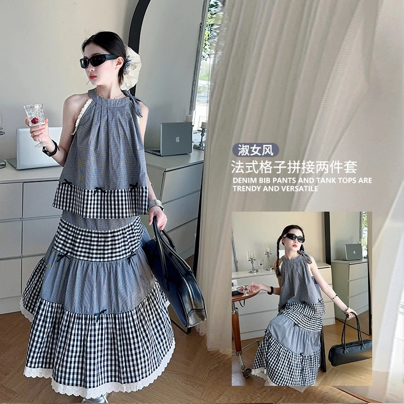 女童法式格子上衣半身裙两件套装2025夏季中大童女孩子潮儿童气质