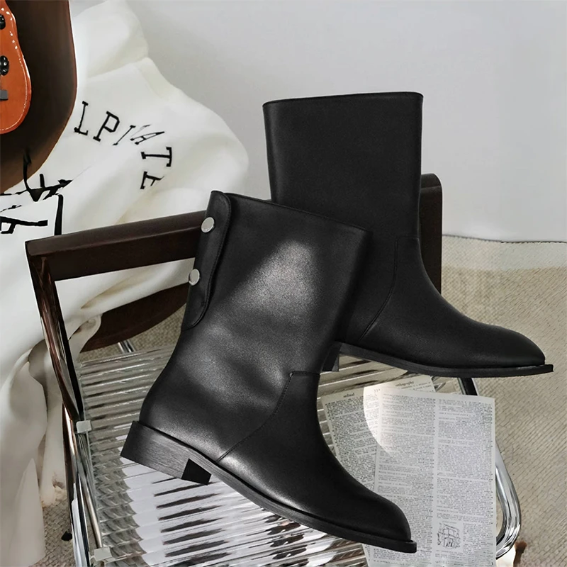 黑色复古中筒靴女2025秋季新款短靴真皮低跟骑士靴显瘦西部牛仔靴