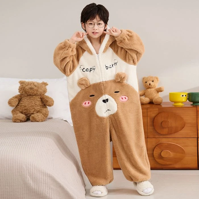 儿童加厚保暖中大童连体睡衣秋冬季男童舒棉绒卡通长袖连帽家居服