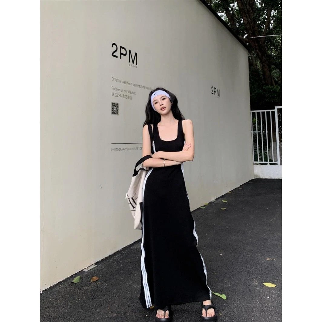 慵懒风修身包臀长款无袖拼接吊带背心连衣裙女显瘦气质夏季黑色ol