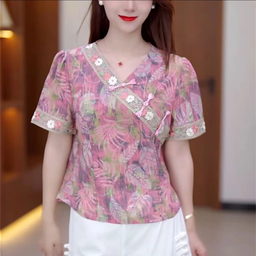 小衫女2025夏季时尚新中式优雅洋气衬衫显瘦减龄短袖碎花旗袍上衣