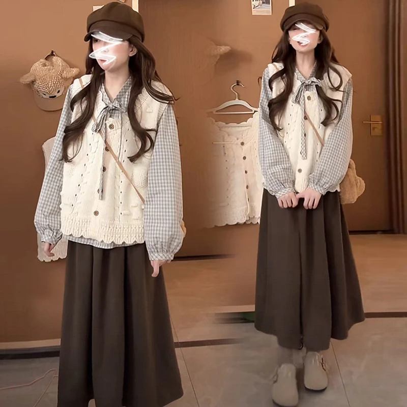 【安安】孕妇装秋冬季针织马甲上衣+半身裙三件套减龄休闲春秋套装