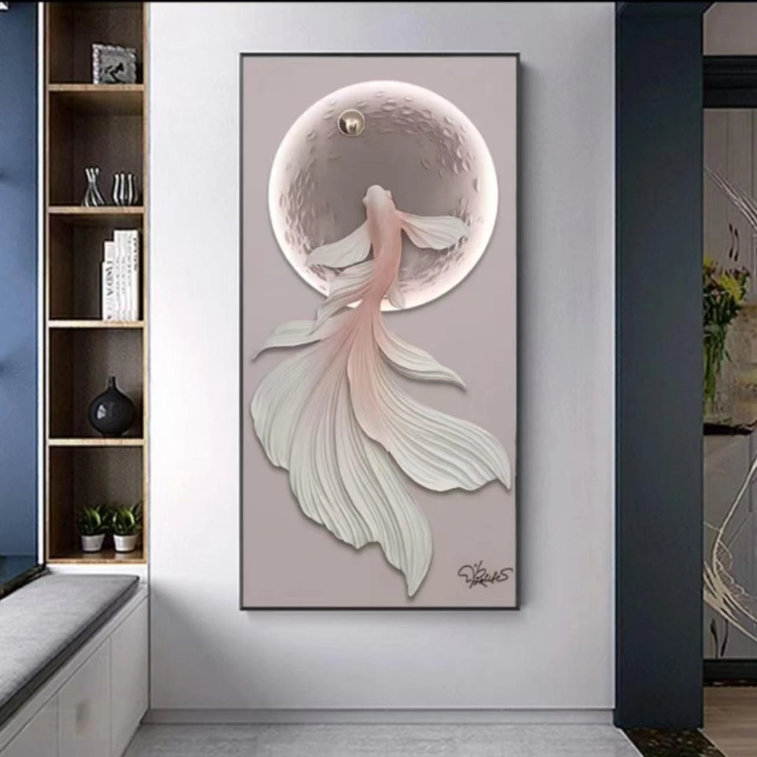 860进门入户玄关年年有鱼装饰画现代轻奢高档挂画晶瓷镶钻80160