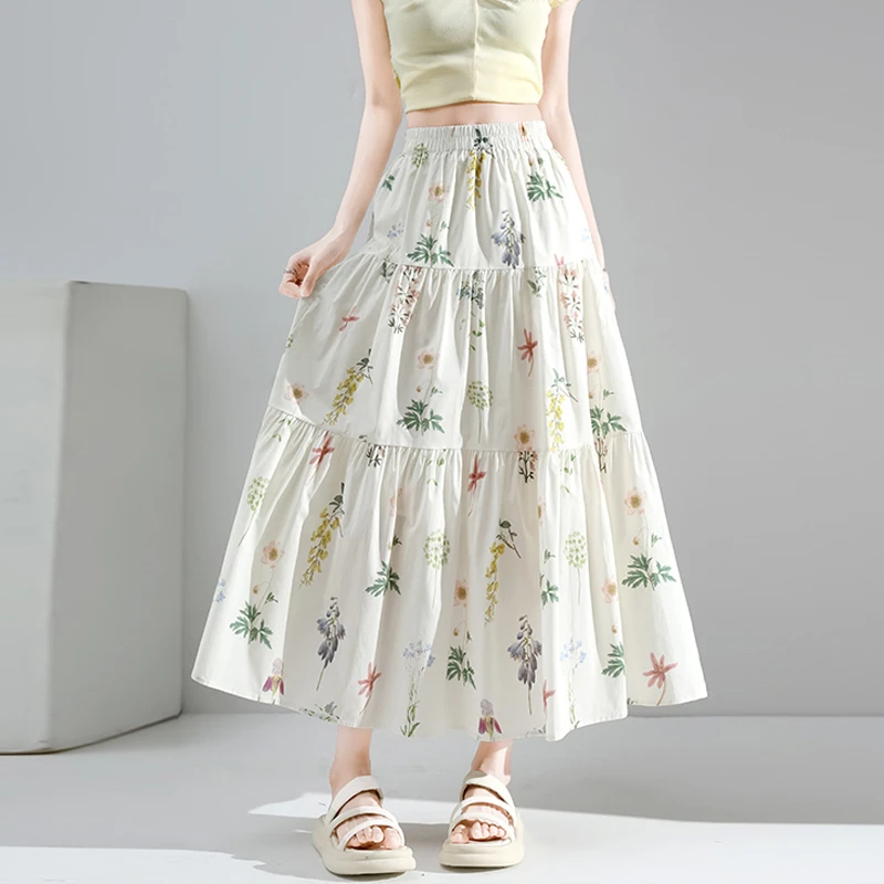 设计感压褶拼接碎花半身裙2025夏季新款田园风高腰a字大摆长裙女