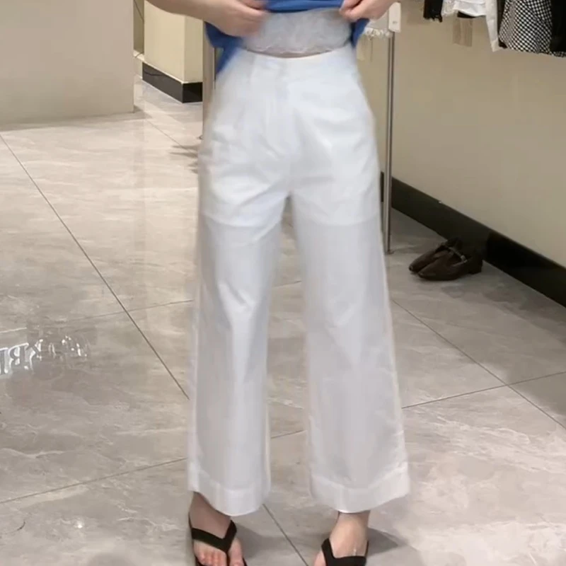 夏季韩版中高腰蕾丝边百搭薄款显瘦腰头直筒裤子LK2503646