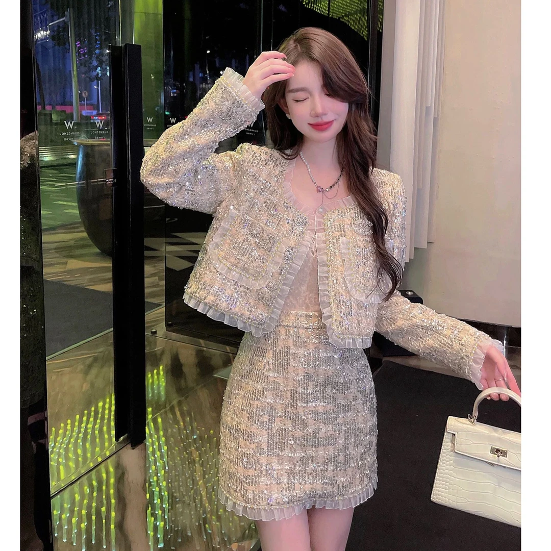 【小雨】大码C位女神轻奢小香风两件套装秋冬新款富家千金短外套装