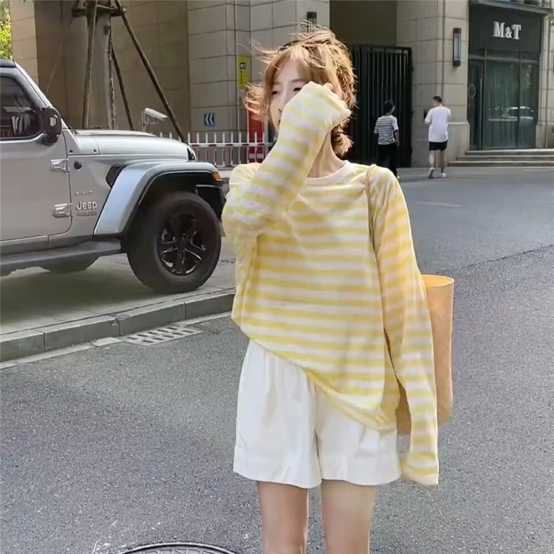 撞色条纹薄纱防晒衣吊带外搭罩衫女夏季微透休闲宽松长袖t恤上衣