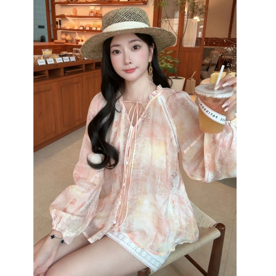 45苎麻+55天丝2025夏衬衫上衣百搭显瘦防嗮温柔荷叶领设计感-5009