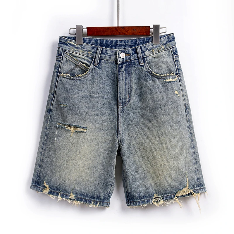 夏季洋气气质显瘦时尚百搭春游出行毛边五分高腰牛仔短裤 437