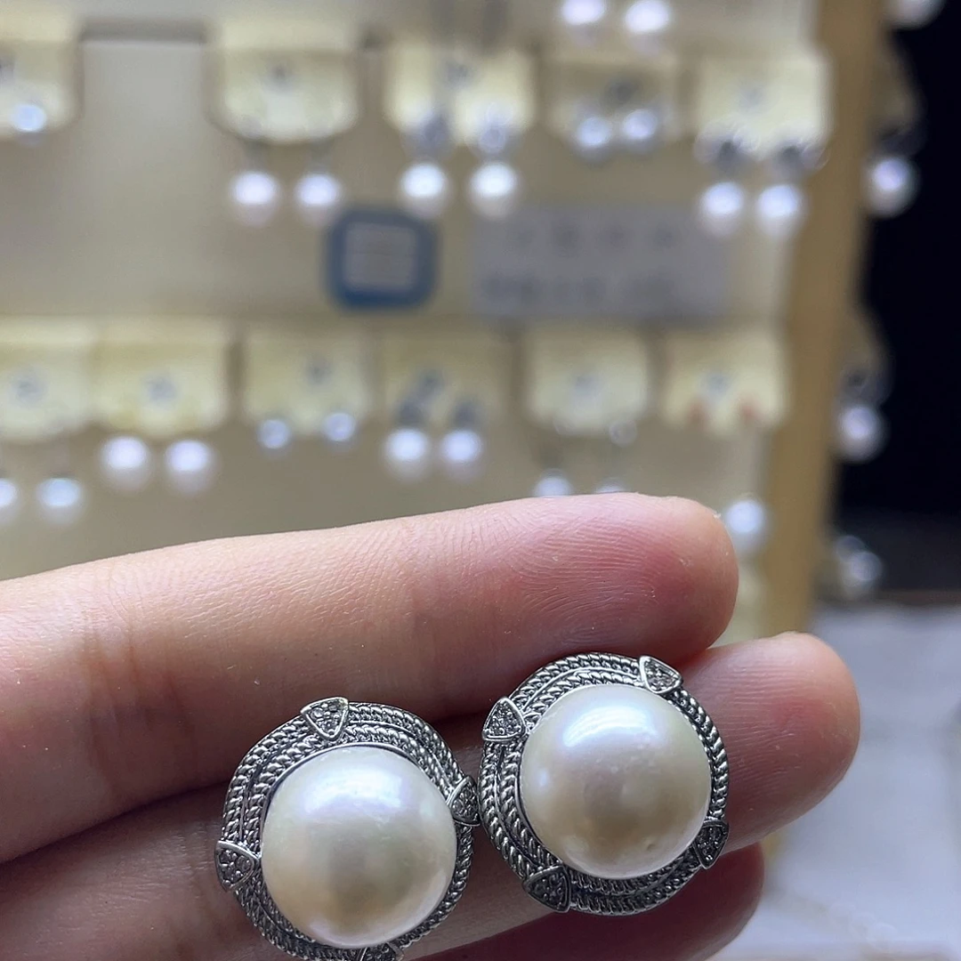 耳饰银S925镶嵌淡水珍珠