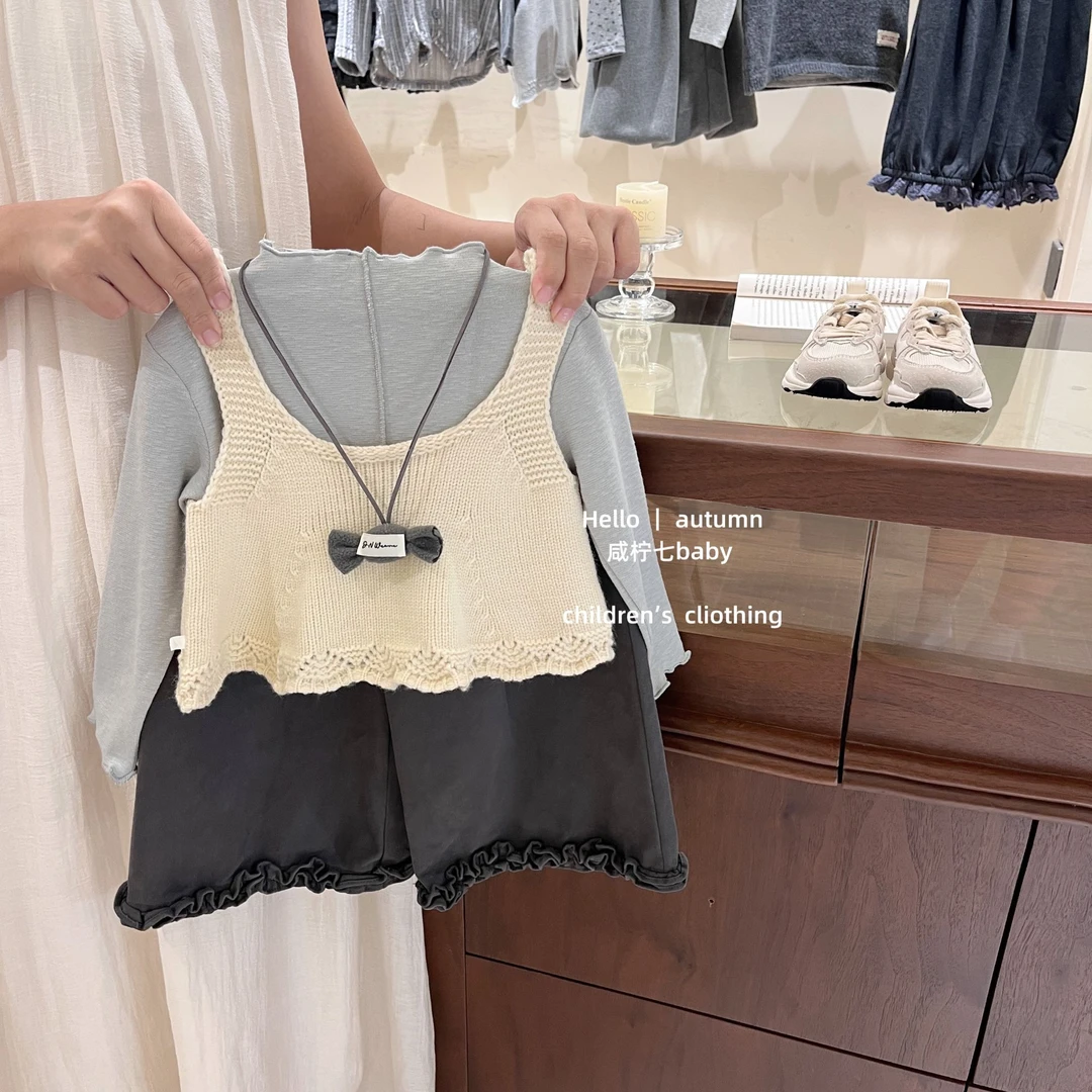 【咸柠七】原创！女童韩系秋季套装针织马甲背心阔腿裤三件套