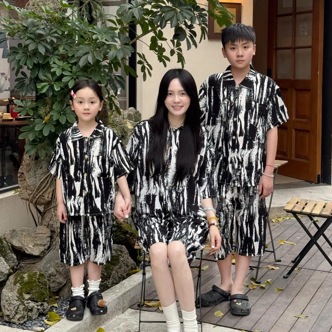 夏季儿童衬衫童装棉绸男女童薄款短袖短裤中大童亲子